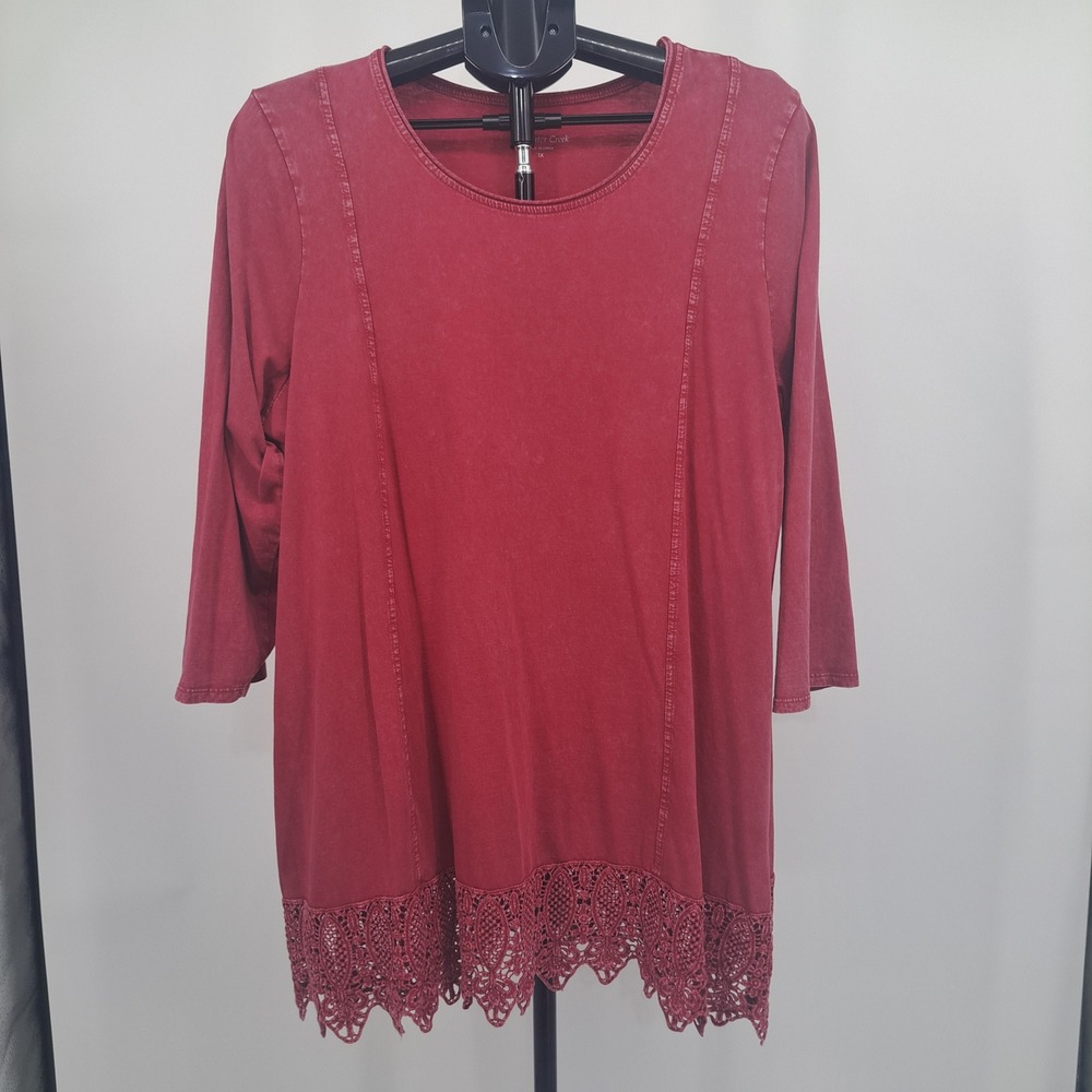 Coldwater Creek Red Lace Trim Tunic Top 1X Boho Cottagecore Peasant T-Shirt